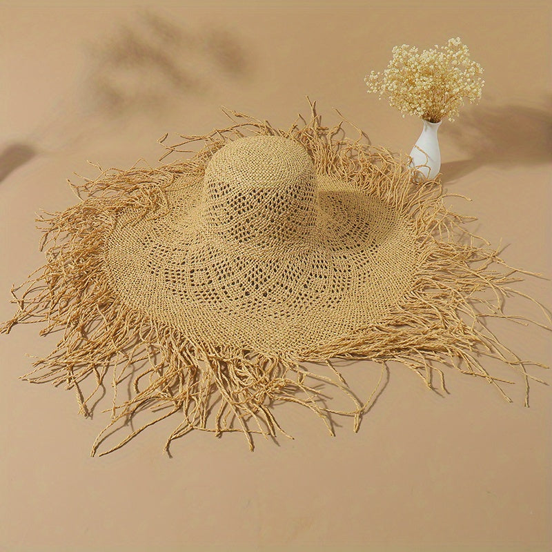 Boho Oversized Straw Sun Hat Raw Brim Beach Hats For Women Summer