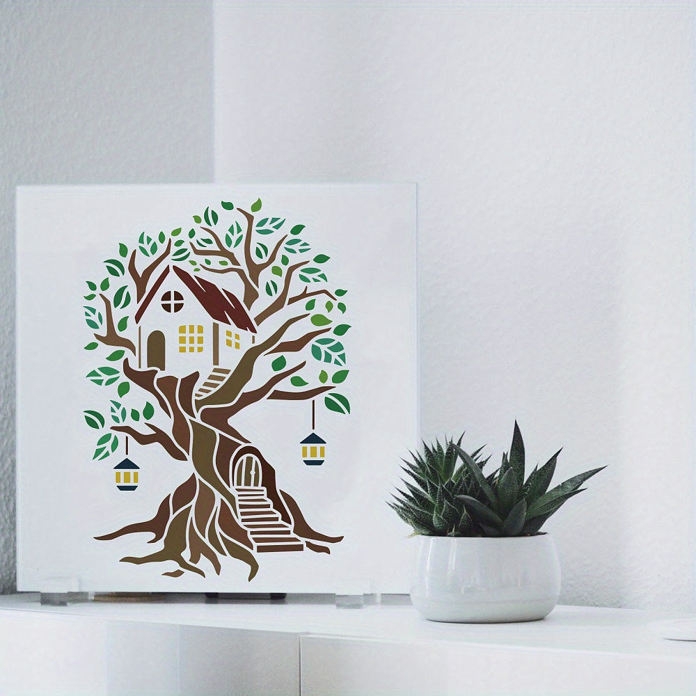 Tree House Stencil - Tree of Life Drawing Stencil - Reusable Log Cabin Craft
