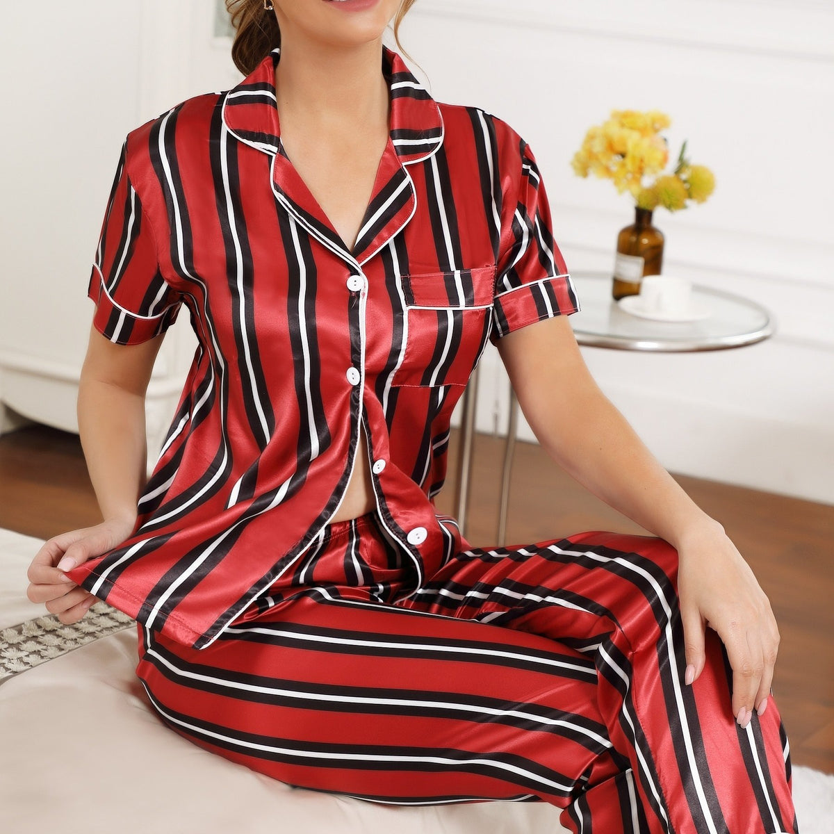 Striped Pajama Set Short Sleeve Button Up Top & Pants Women's Sleepwear