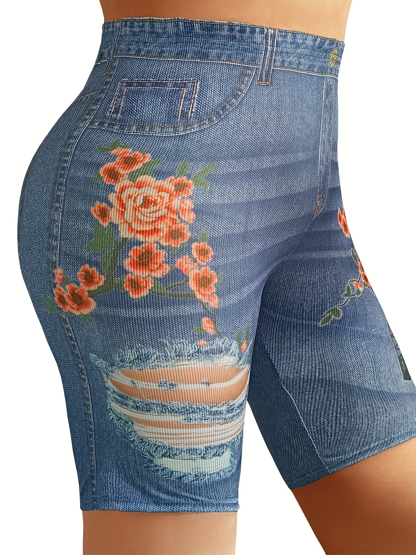  Denim & Floral Print High Rise Skinny Shorts