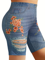  Denim & Floral Print High Rise Skinny Shorts
