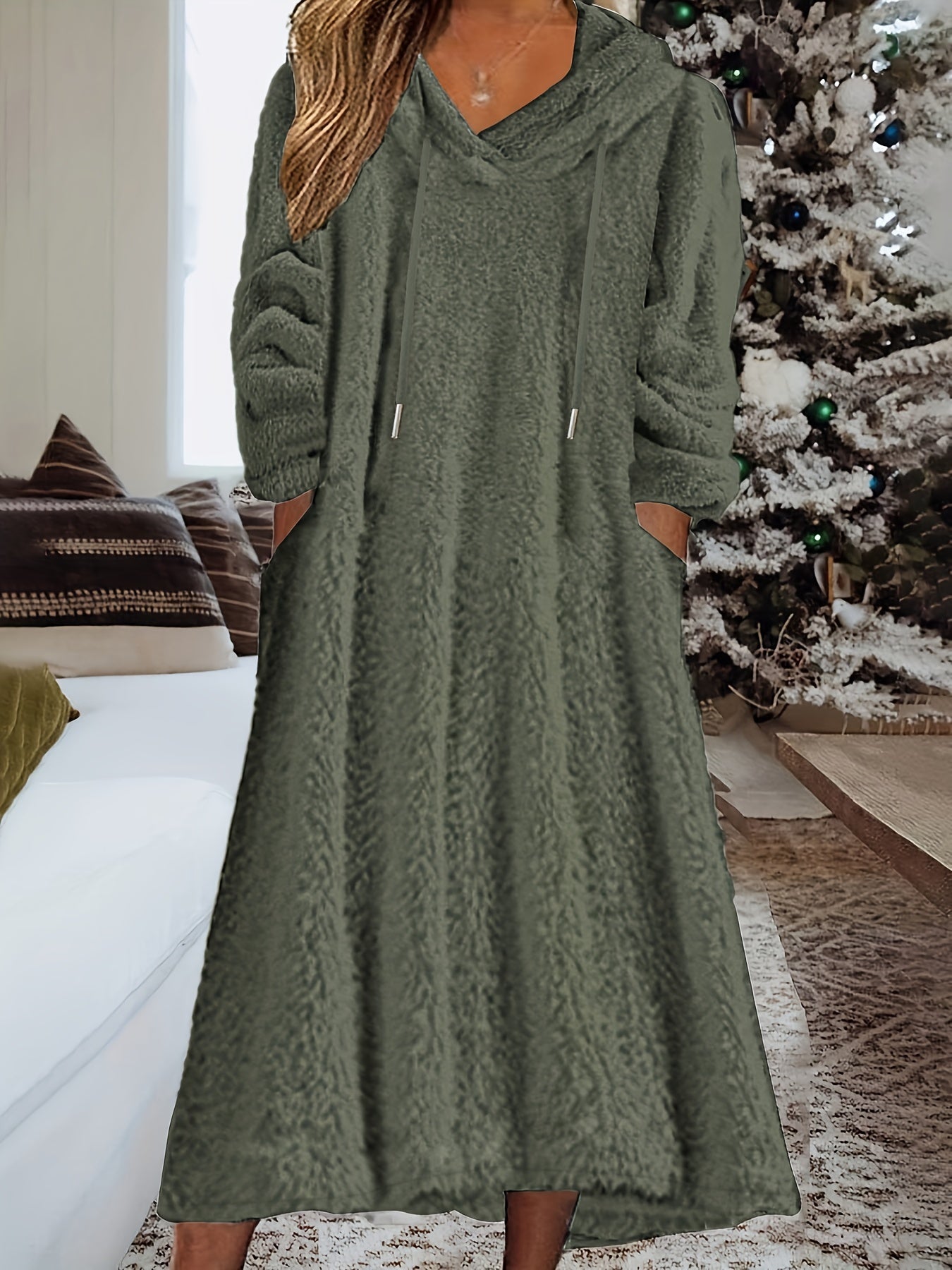  Solid Fleece Long Sleeve Hooded Dress
