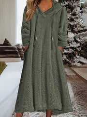 Solid Fleece Long Sleeve Hooded Dress