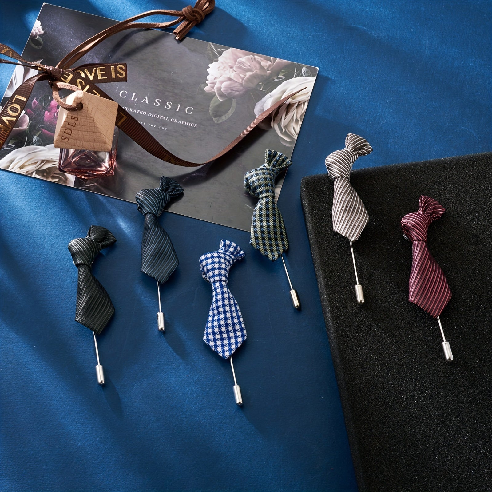 6pcs Polyester Striped Tie Brooches Mixed Colors Suit Shirt Lapel Decoration Men
