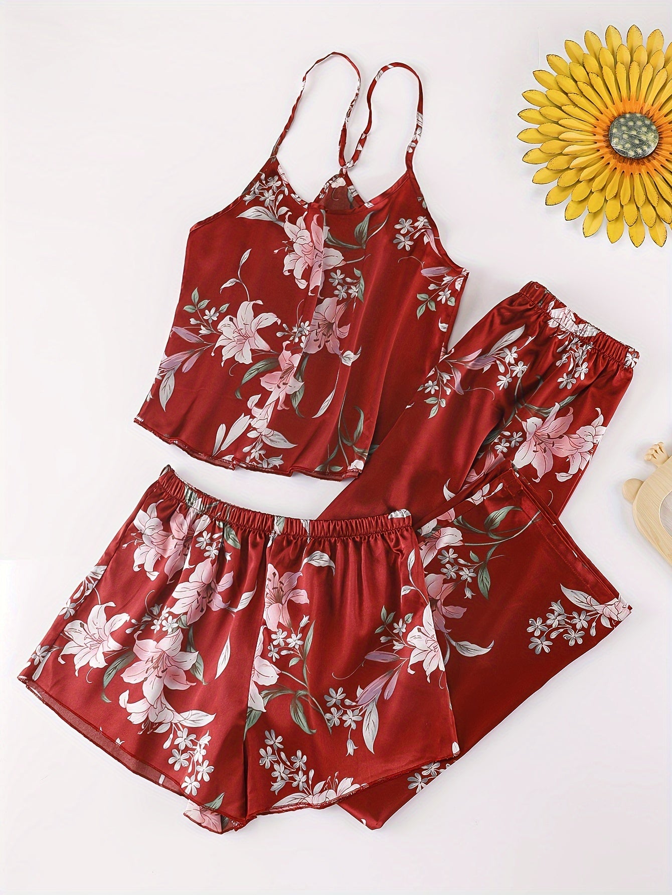 Floral Print Pajama Set Cami Top & Shorts & Pants