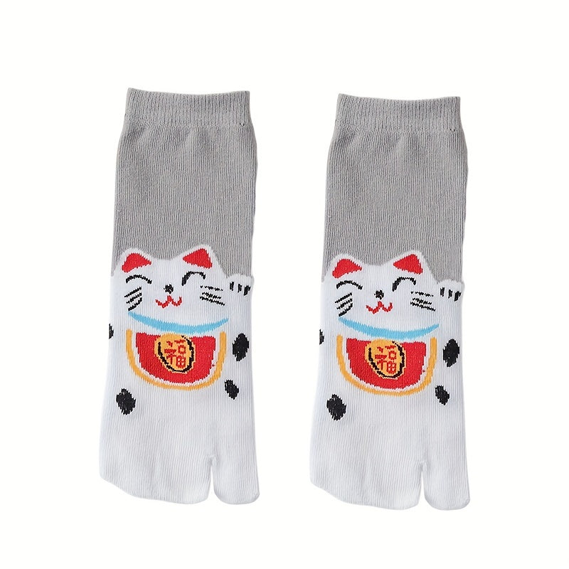 2 Pairs Cartoon Cat Print Toe Socks for Women