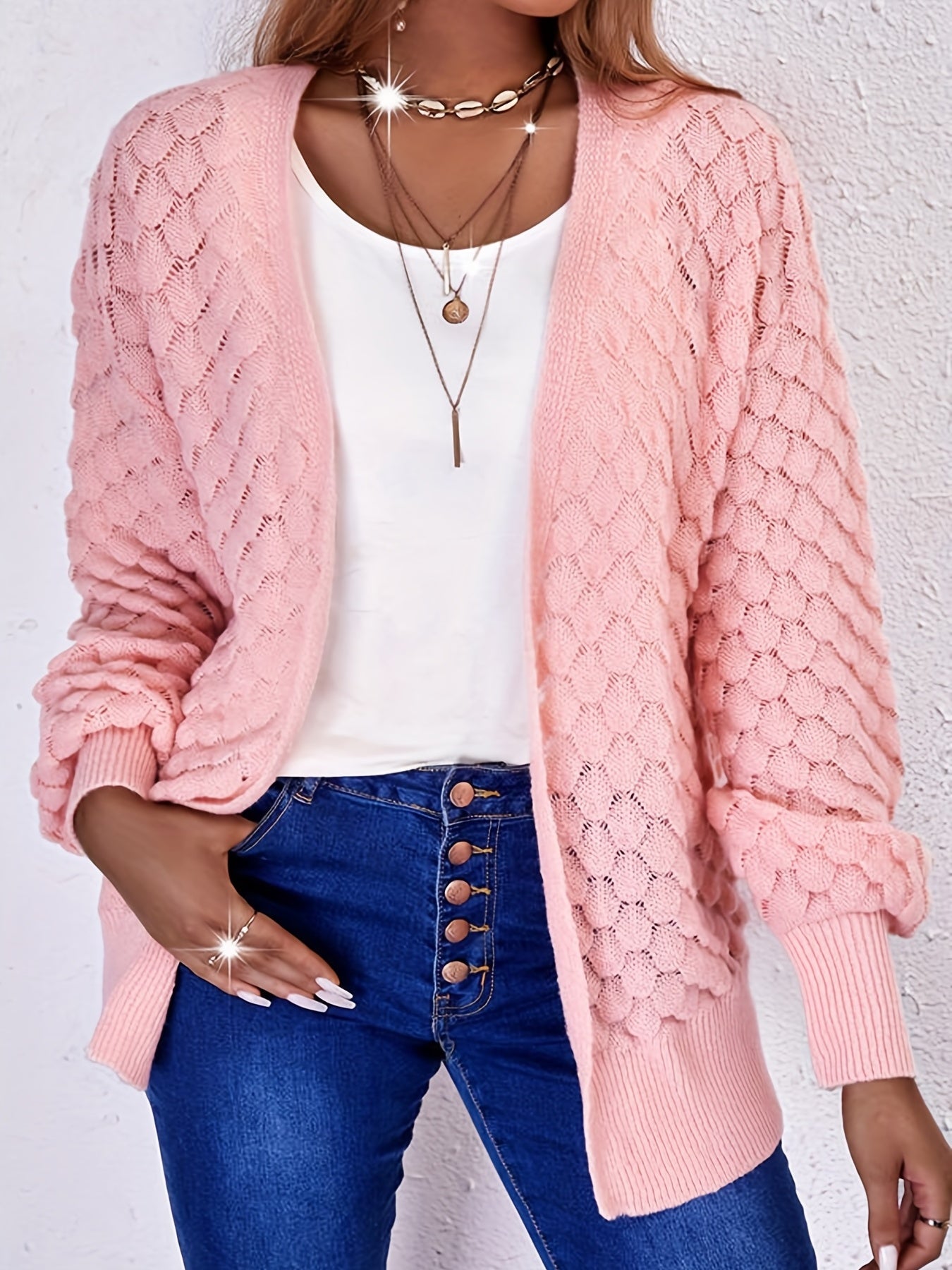  Solid Lantern Sleeve Open Front Cardigan