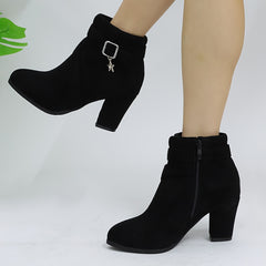 Women's Star Buckle Ankle Boots Block High Heels Round Toe