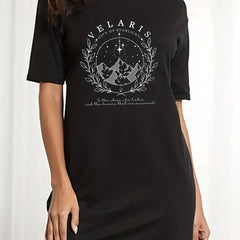  Women's Tee Dress Mountain & Slogan Print Short Sleeve Round Neck