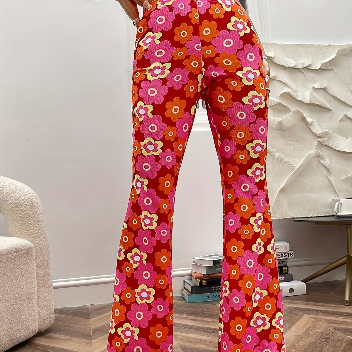 Floral Print High Waist Flare Leg Pants Elastic Waist Pants