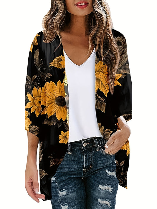  Sunflower Print Open Front Cardigan