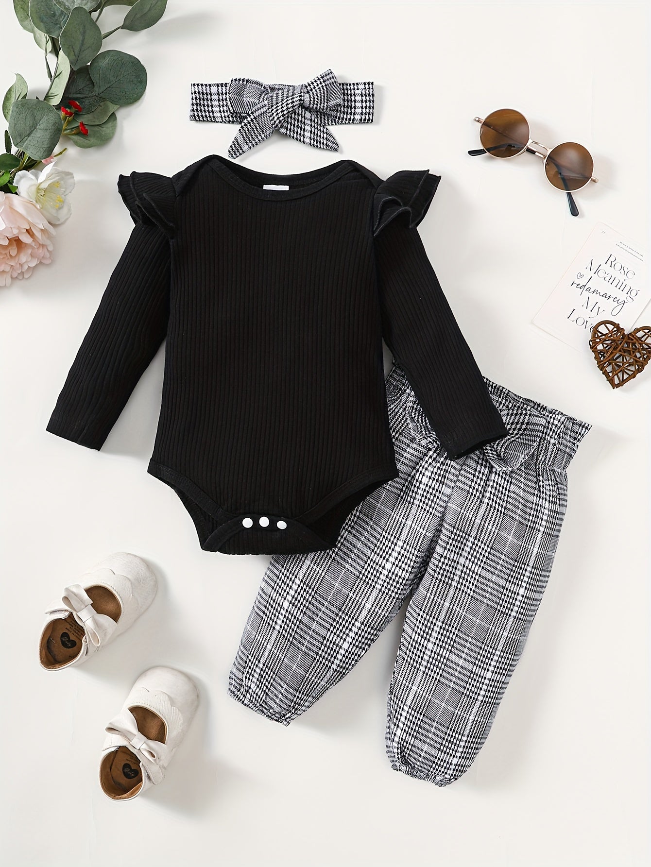 Baby Girls Long Sleeve Romper Top Plaid Trousers Set