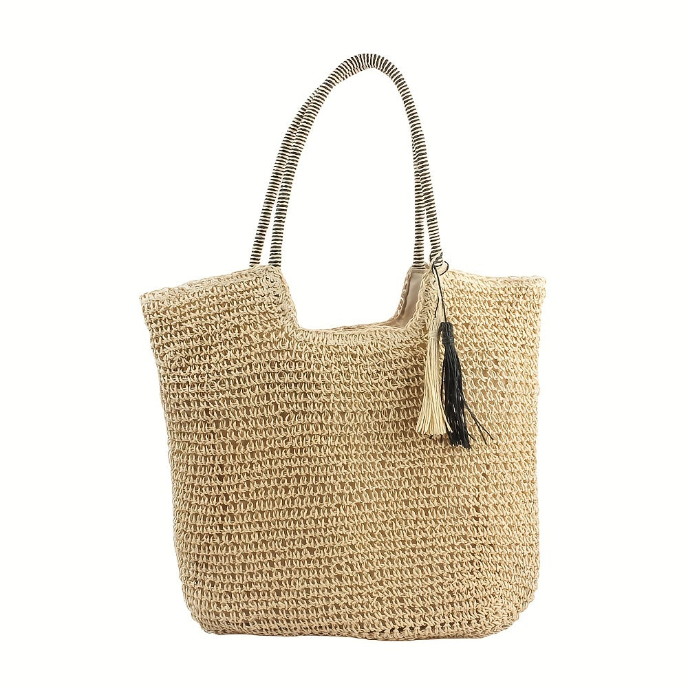 Large Capacity Straw Tote Bag Woven Shoulder Bag With Tassel Decor