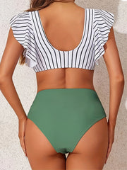  Vacay Bikini Set Women's Plus Striped Twist Front Ruffle Trim Crop Top