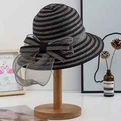 Striped Mesh Breathable Bucket Hats Bowknot Decor Foldable Basin Beach Hat