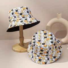 Cartoon Cat Reversible Bucket Hat Animal Print Sunshade Fisherman Cap
