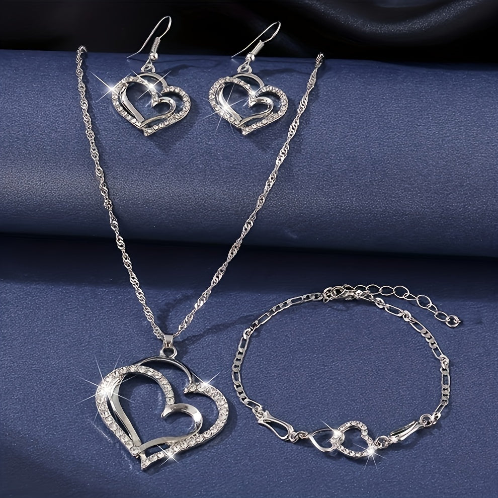 Double Heart Necklace Earrings Bracelet Set Romantic