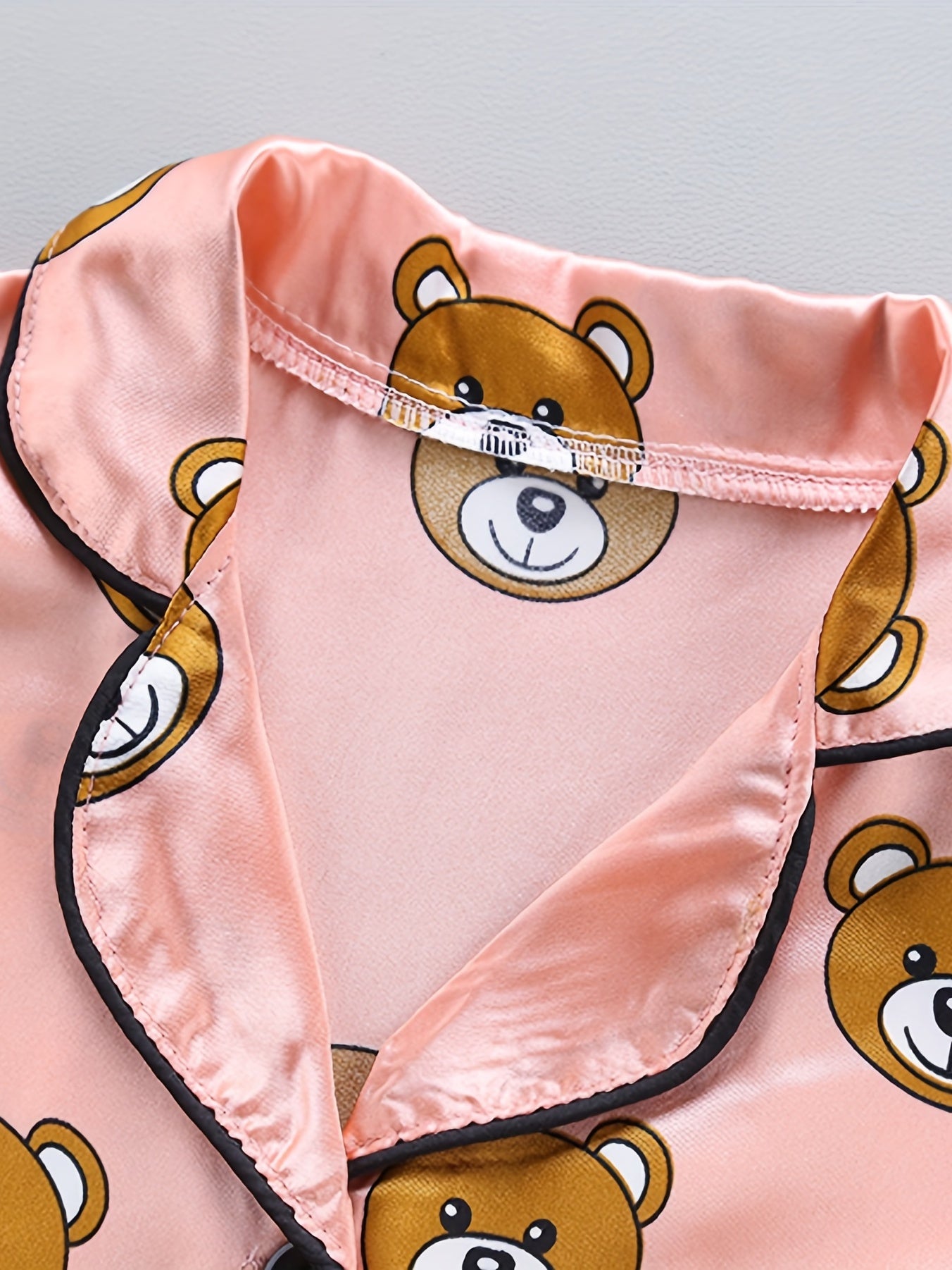 Bear Pattern Girl's Satin Pajamas Button Front Top & Shorts Set