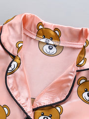 Bear Pattern Girl's Satin Pajamas Button Front Top & Shorts Set