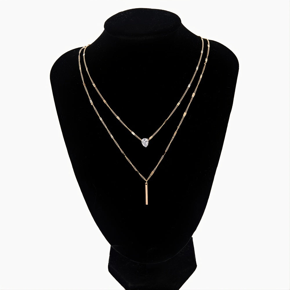 Double Layer Water Drop Shape Rhinestone Tassel Necklace Set