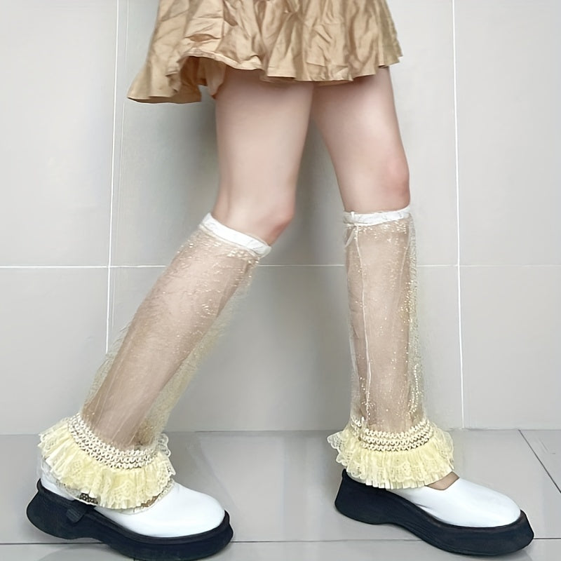 Sheer Ruffle Knee High Socks Lace Mesh Leg Warmers