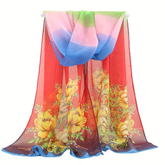 Flower Print Chiffon Scarf Iridescent Gradient Silk Thin Shawl