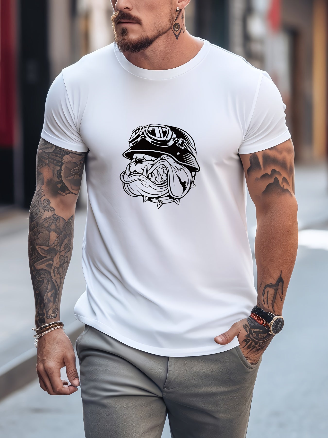Biker & Dog Pattern Print Men's Comfy T shirt Graphic Tee Men's Outdoor Clothes