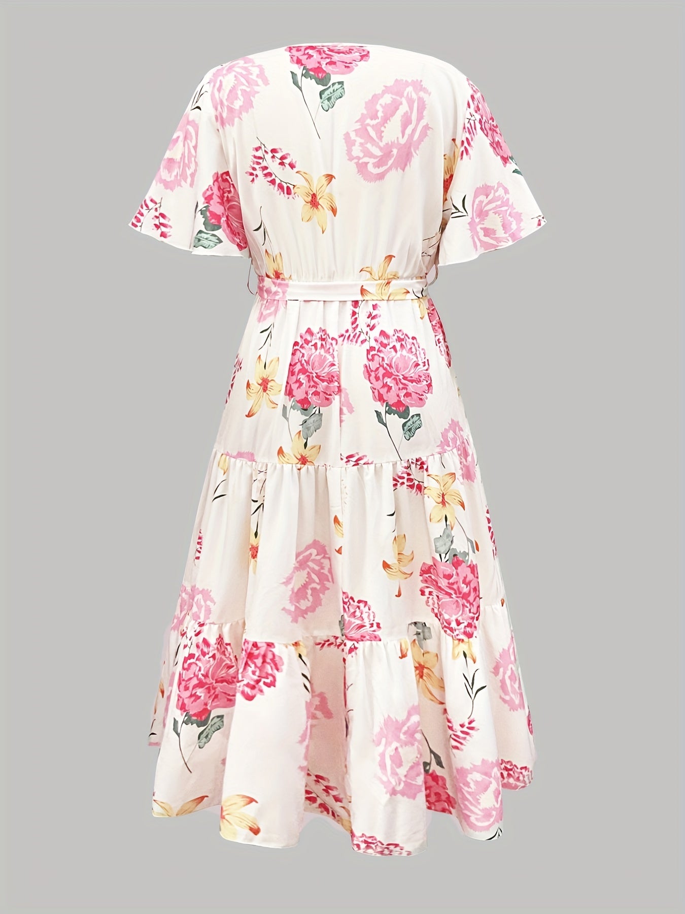  Floral Print Butterfly Sleeve Smock Pleated Dress