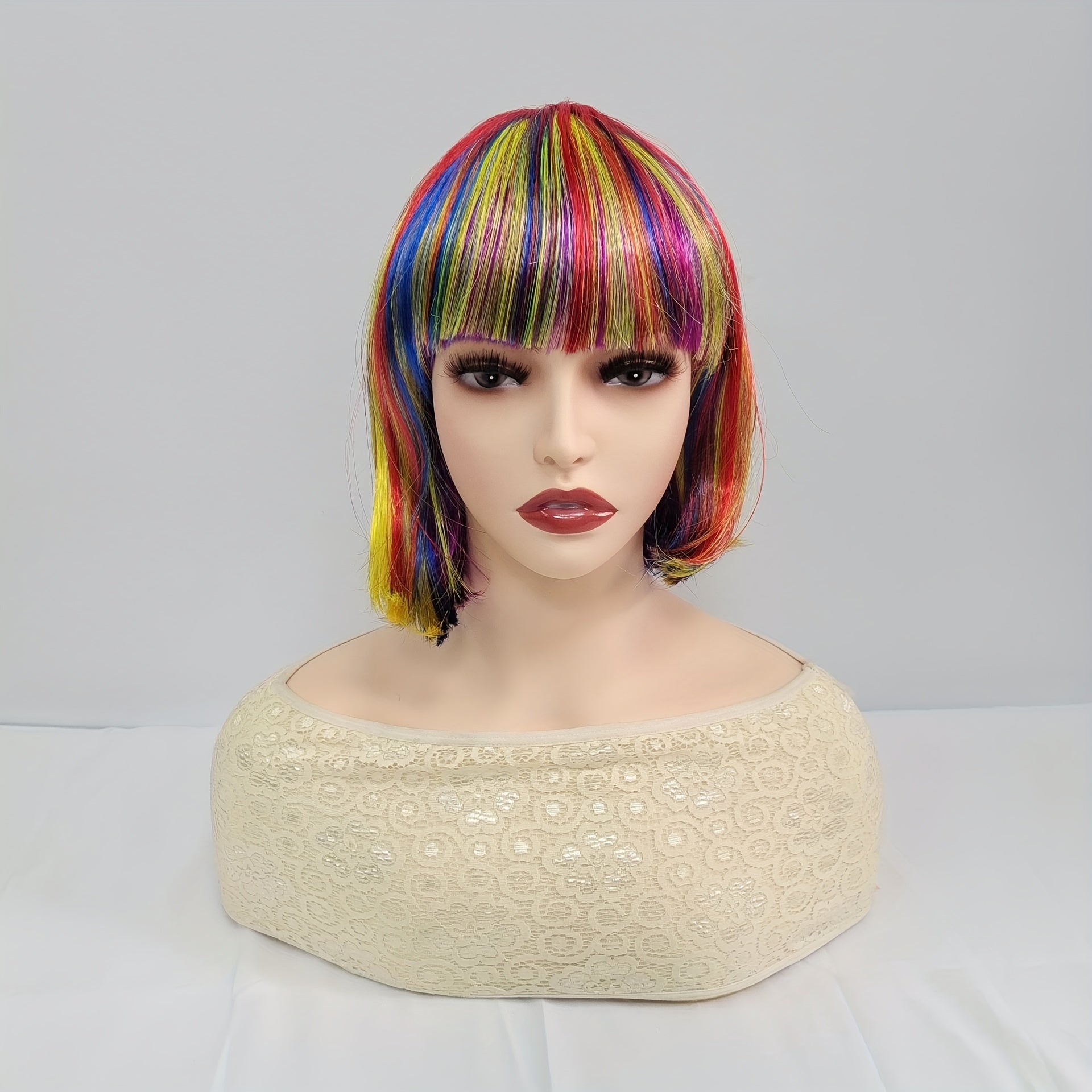 Rainbow Colors Short Hair Bob Wig With Bangs Synthetic Cosplay Daily Party Wig