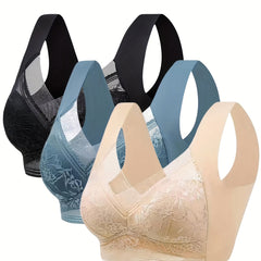 3pcs Lace Wireless Bras Full Coverage Comfy & Breathable Lingerie & Underwear