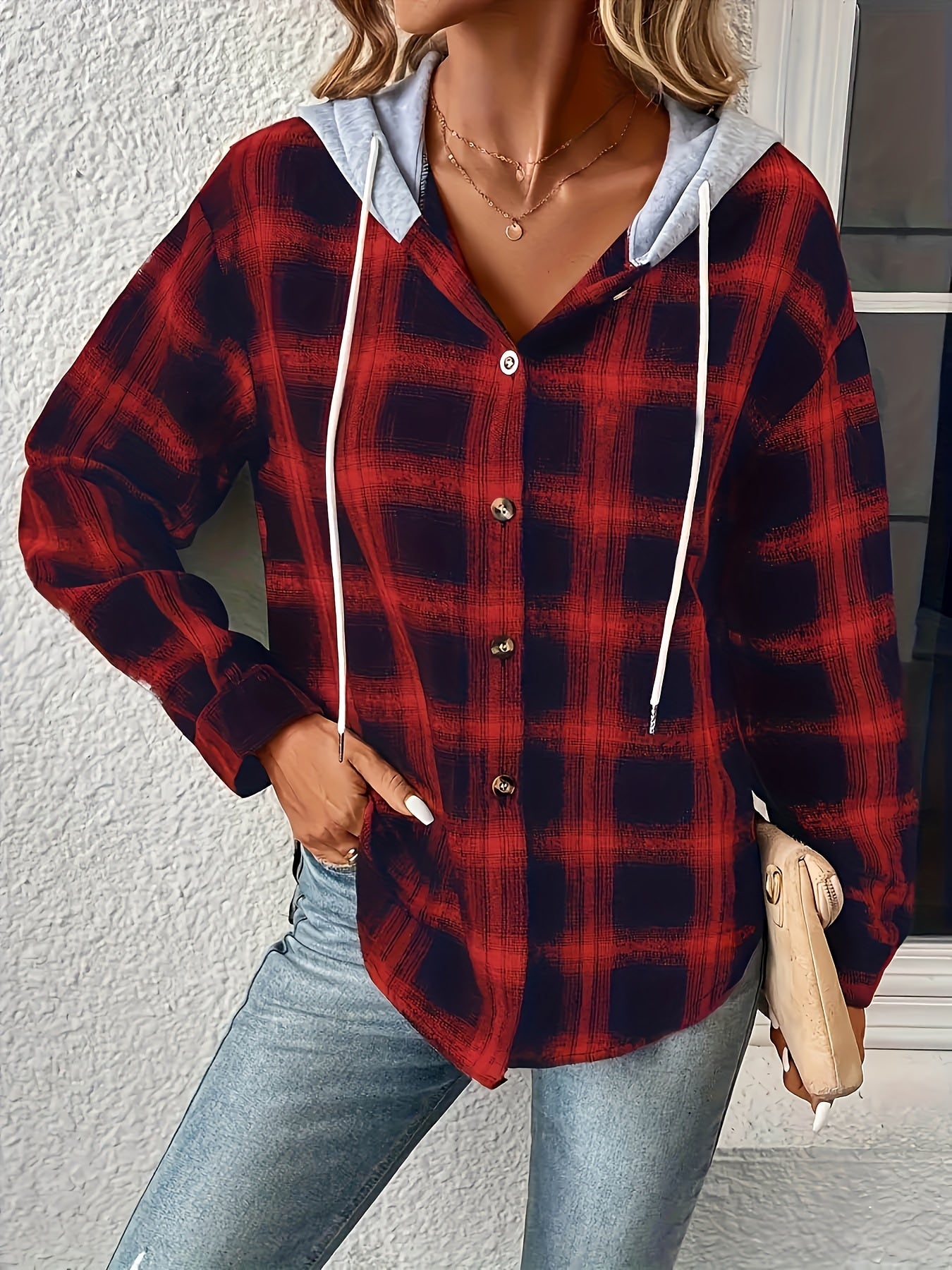  Colorblock Plaid Print Button Up Hooded Shacket