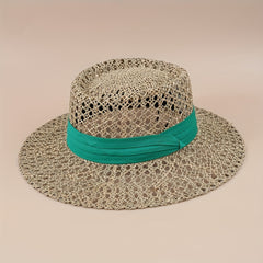 Flat Top Summer Sun Hat Hollow Straw Hat British Jazz Fedora Cap