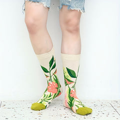 Floral Pattern Socks, Comfy & Breathable Women's Mid Tube Stockings