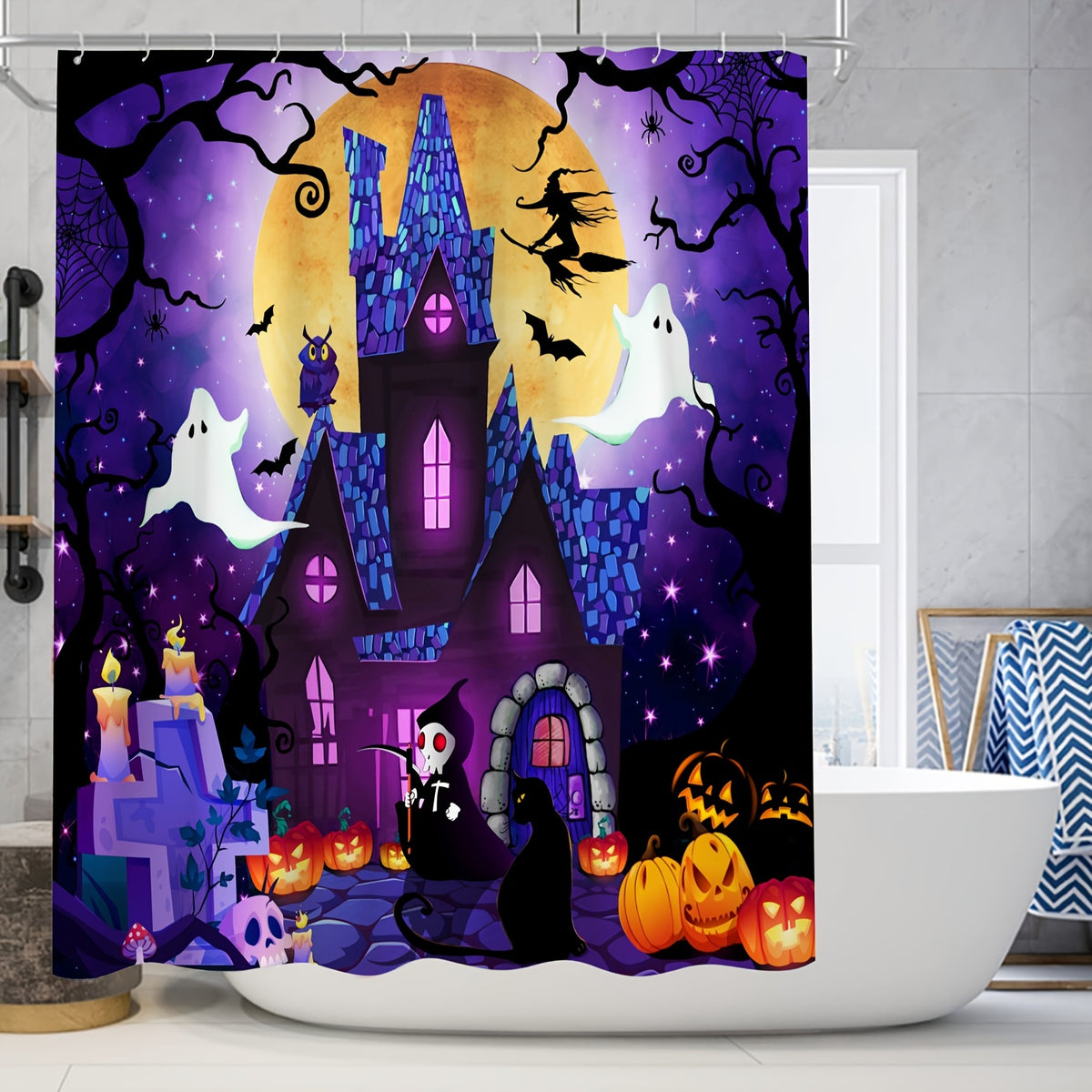 Halloween Purple Shower Curtain Set - Witch Moon Star Horror Print