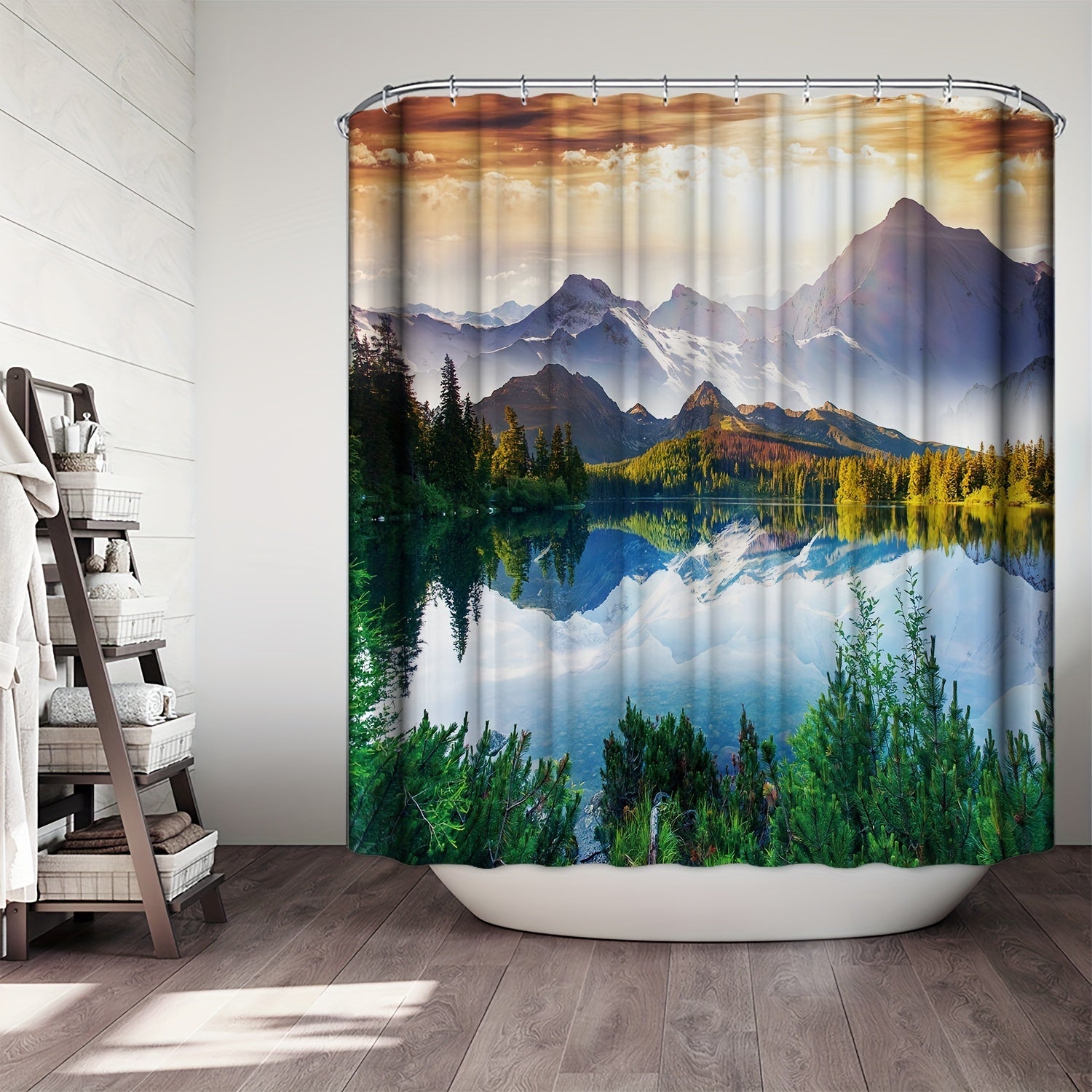 Natural Landscape Shower Curtain Bathroom Waterproof Curtain with 12 Hooks