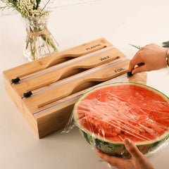 Bamboo Dispenser With Cutter For 12.5 Roll Foil Plastic Wrap Organizer