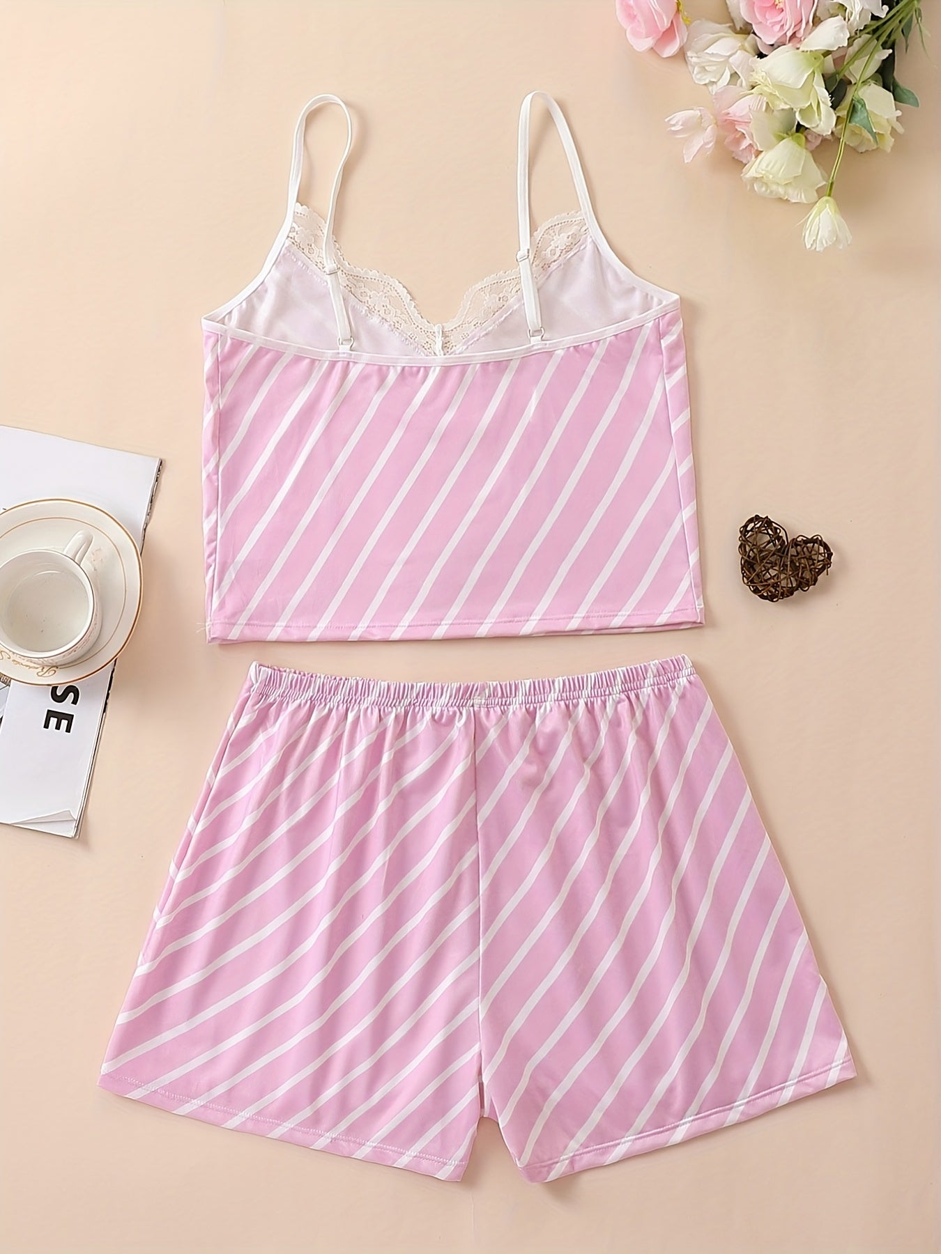 Striped Print Pajama Set Lace Trim V Neck Cami Top & Lounge Shorts