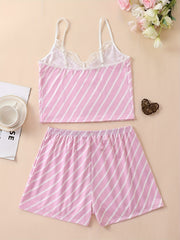 Striped Print Pajama Set Lace Trim V Neck Cami Top & Lounge Shorts