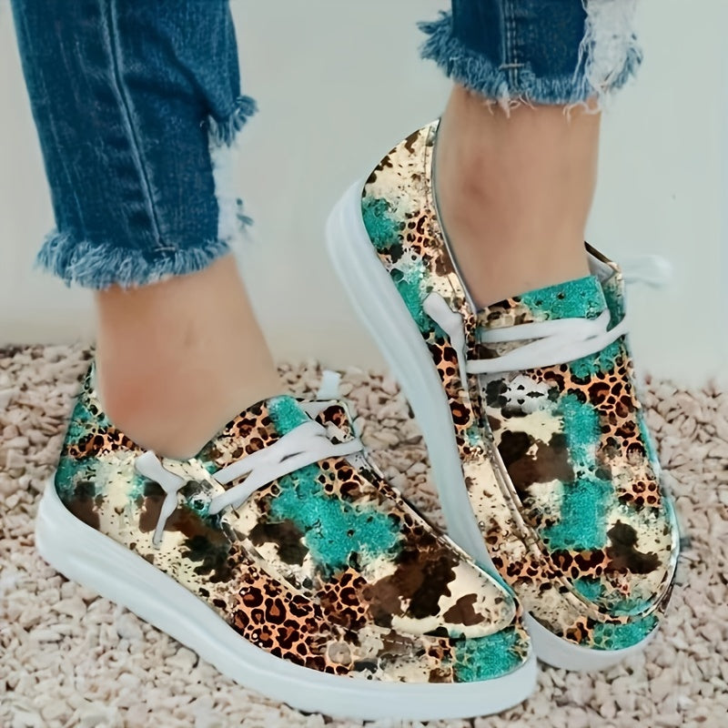 Leopard Pattern Flat Loafers Slip On Low Round Toe Lightweight Canvas Shoes