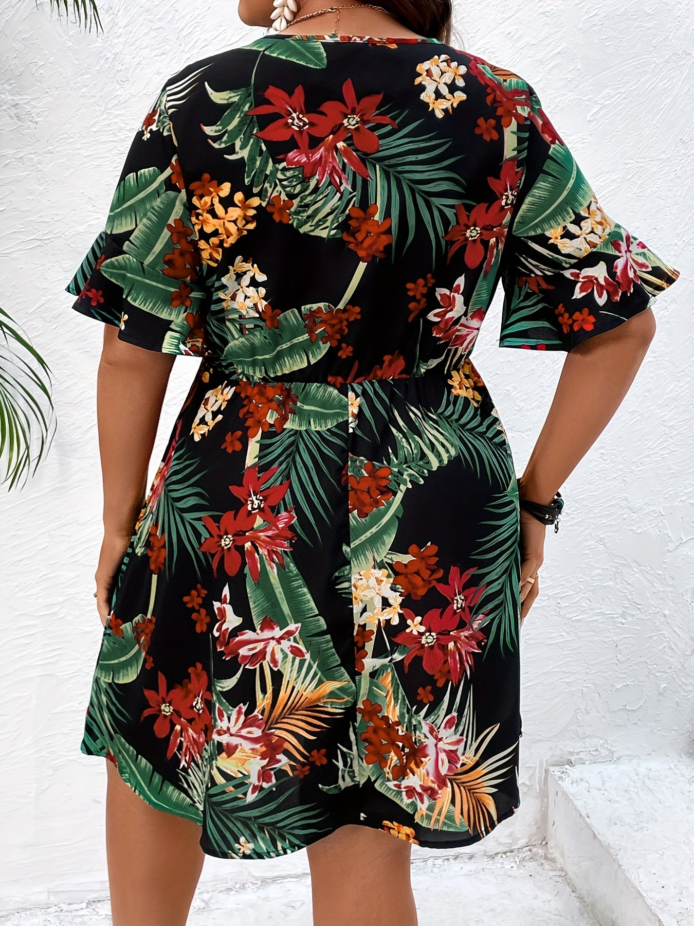  Tropical Print Bell Sleeve Dress