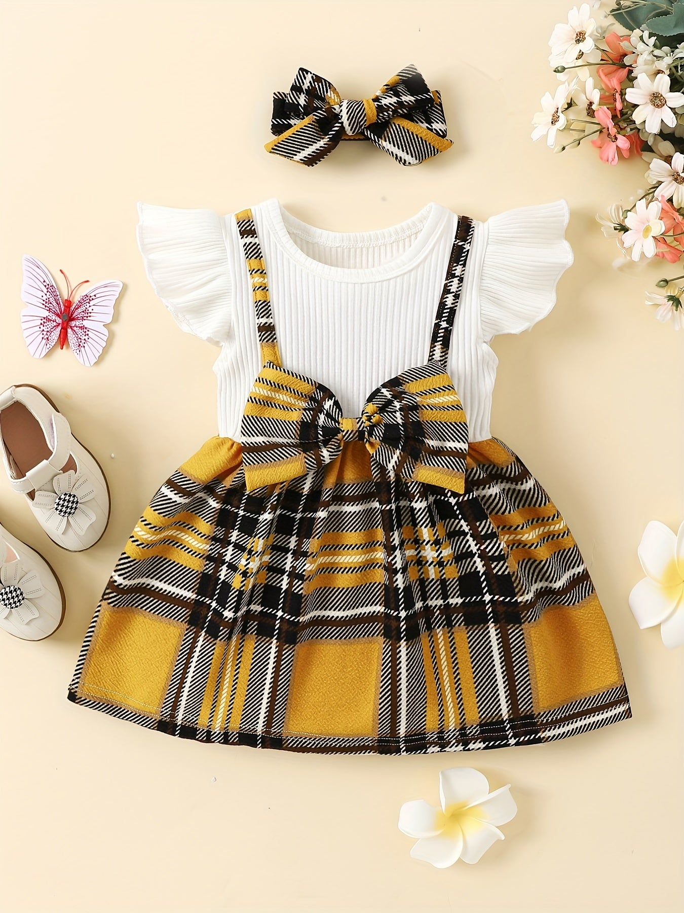 2pcs Baby Girls Splicing Suspender Dress Bow Plaid Dress Set