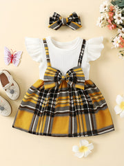 2pcs Baby Girls Splicing Suspender Dress Bow Plaid Dress Set