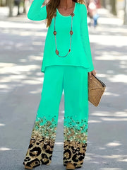  2 Piece Set Solid Top & Leopard Print Pants