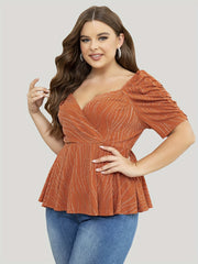  Casual Top Shinny Striped Lantern Sleeve Surplice Neck Stretch Peplum