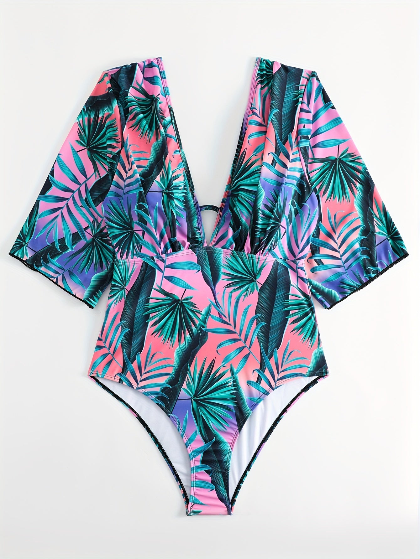  Boho Swimsuit Tropical Print Deep V Neck One Piece Bathing Suit