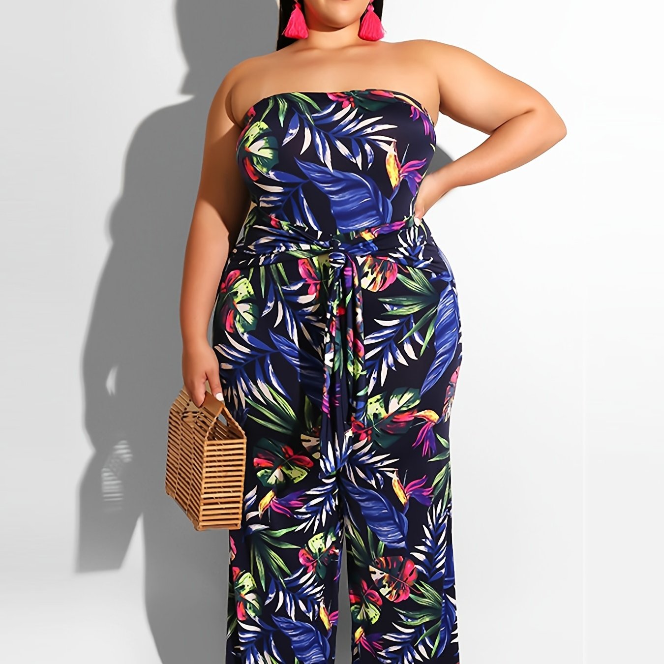  Tropical Print Strapless Jumpsuit