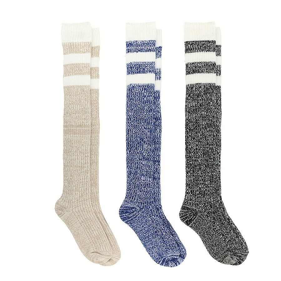3 Pairs Striped Calf Socks College Style Warm Knee High Socks Women's