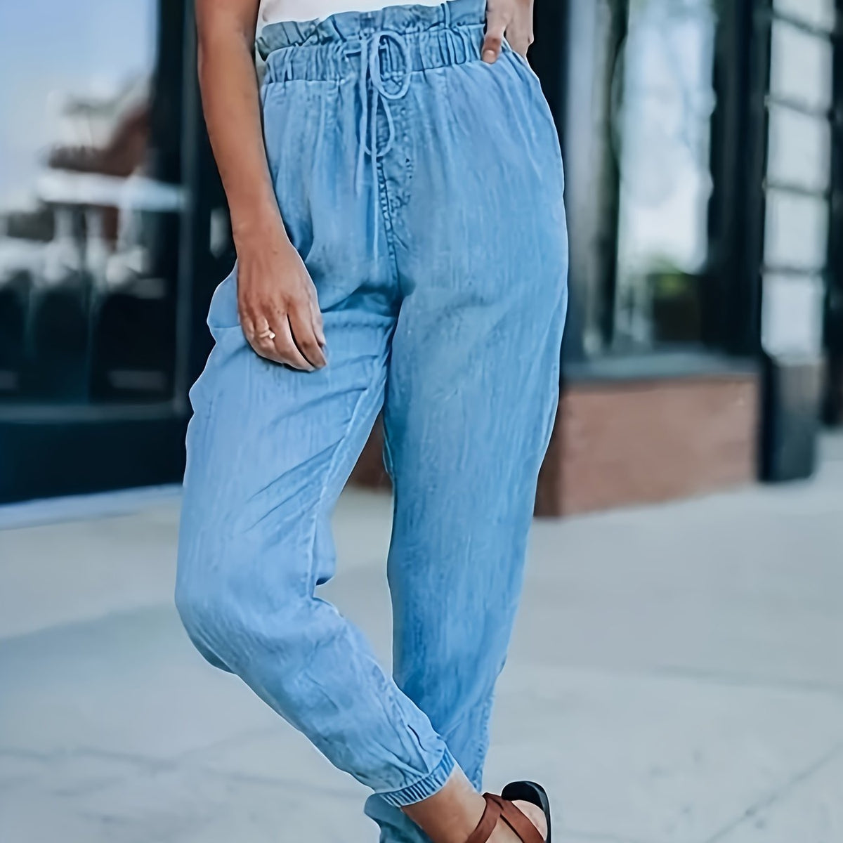  Casual Jeans Women's Plus Solid Drawstring Paperbag Waist Jeans