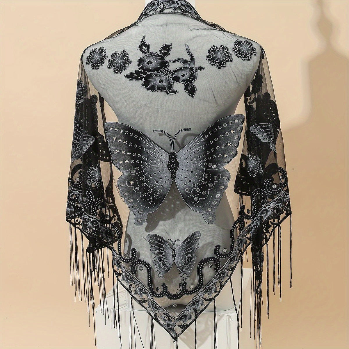 Triangle Scarf Butterfly Flower Embroidery Lace Tassel Shawl