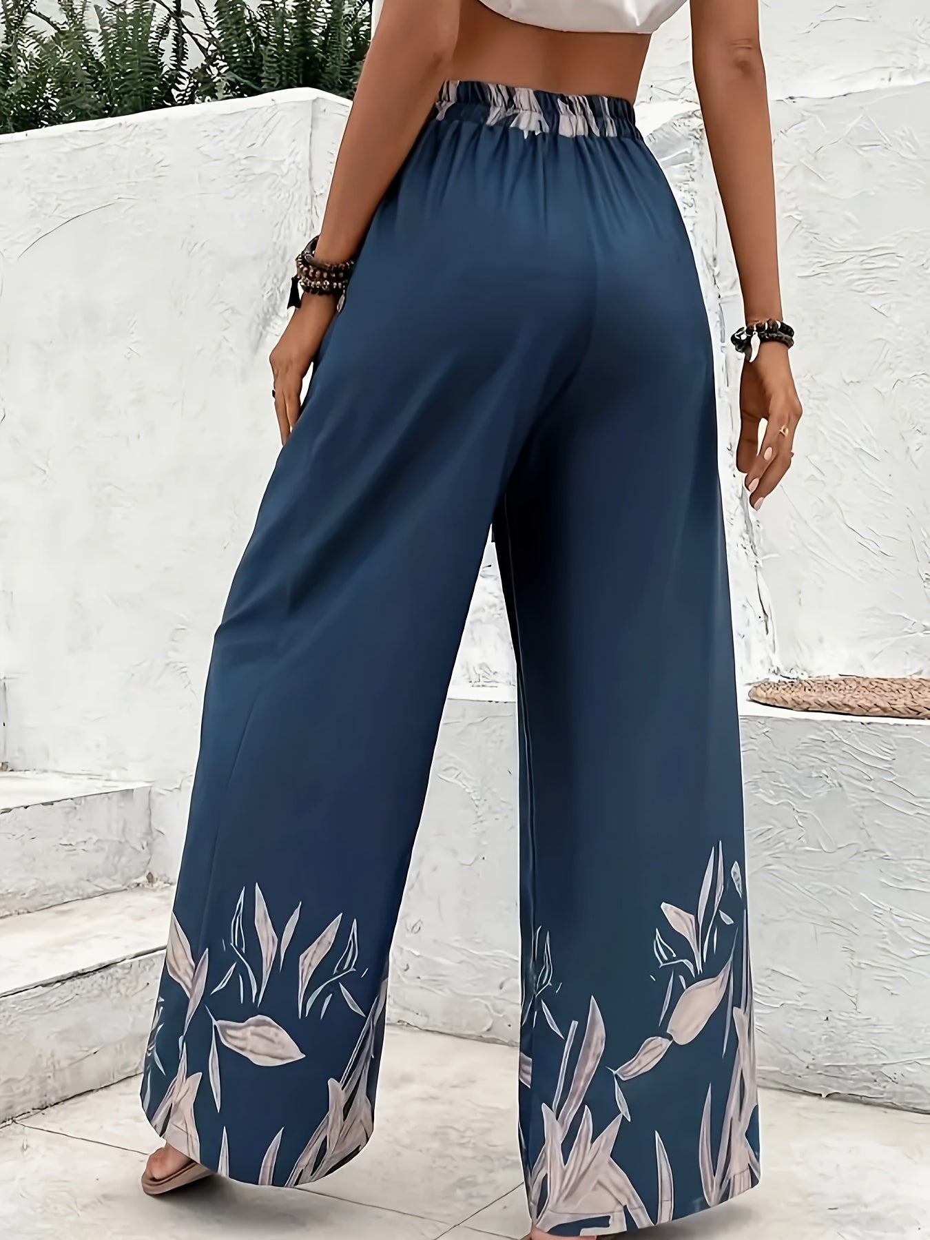 Women's Plus Floral Print Drawstring Elastic High Rise Wide Leg Trousers